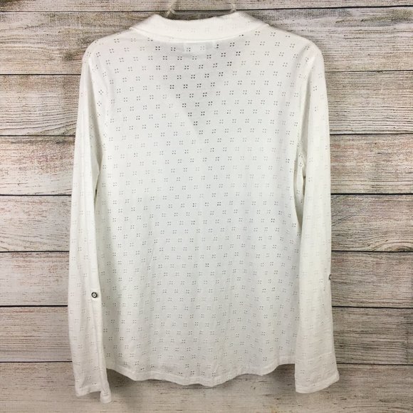 Liz Claiborne Eyelet Roll Cuff Knit Shirt Top Button Up V-Neck - Picture 6 of 12